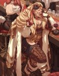  1boy 1girl bar_(place) bara bartender beard blonde_hair blush boots championship_belt character_request chest_hair clothing_cutout cross-laced_footwear crotchless crotchless_pants draph earrings facial_hair feet_out_of_frame granblue_fantasy harvin jewelry kumanaru ladiva large_pectorals leather leather_boots long_hair male_focus muscular muscular_male one_eye_closed out_of_frame pants pectorals pointing pointing_at_viewer pointy_ears short_hair smile solo_focus thick_thighs thigh_cutout thighs wrestling_mask wrestling_outfit 