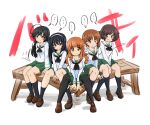  ... 5girls absurdres ahoge akiyama_yukari bench black_eyes black_neckerchief black_socks breasts broken brown_eyes brown_footwear brown_hair girls_und_panzer headband highres isuzu_hana large_breasts long_hair medium_breasts medium_hair multiple_girls neckerchief nishizumi_miho ooarai_school_uniform orange_eyes orange_hair reizei_mako school_uniform shoes smile socks takebe_saori takobe_yadako wooden_bench 