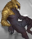  alien animal_genitalia arbiter_(halo) armor bottomless clothed clothing digitigrade genital_slit genitals grey_body grey_skin halo_(series) headgear helmet hi_res humanoid ket-dawnatsunset male mandibles manica microsoft muscular muscular_male open_mouth partially_clothed pinup pose presenting_slit reclining sangheili simple_background sitting slit solo teeth thel_&#039;vadam unconvincing_armor xbox_game_studios yellow_eyes 