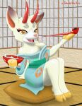  alcohol animal_crossing anthro asian_clothing beverage breasts cervine cleavage clothed clothing deer east_asian_clothing female hi_res hooves horn japanese_clothing kimono mammal muntjac nintendo pillow pipe sake shino_(animal_crossing) solo tatami tokalathefox 