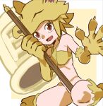  1girl :d animal_feet animal_hands bare_shoulders bell blonde_hair bottomless breasts fox_girl fox_hat holding holding_staff lowres medium_breasts moonlight_flower open_mouth ragnarok_online red_eyes short_hair sicky_(pit-bull) sitting smile solo staff yellow_headwear 