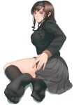  1girl amagami black_hair black_hairband black_jacket black_socks blue_eyes breasts cardigan closed_mouth curly_hair drill_hair feet foot_focus foreshortening full_body grey_skirt hairband hand_on_own_thigh highres jacket kibito_high_school_uniform large_breasts long_hair looking_at_viewer morishima_haruka no_shoes pleated_skirt ryo_taton school_uniform simple_background sitting skirt socks soles solo thighs toes white_background 