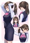  1girl adjusting_hair amagi_shino blush breasts brown_hair hair_tie_in_mouth highres lanyard long_hair medium_breasts mouth_hold office_lady original pencil_skirt ponytail purple_hair skirt solo translation_request tying_hair 