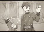  1boy 1girl ^_^ animal_ears arm_up belt black_hair blurry blurry_background buttons carole_(genshin_impact) closed_eyes coat commentary_request double-breasted genshin_impact hair_between_eyes highres jifu_(gifu_7) letterboxed long_sleeves medium_hair melusine_(genshin_impact) monochrome open_mouth parted_bangs sepia short_hair sleeve_cuffs smile swept_bangs teeth upper_teeth_only vautrin_(genshin_impact) waving 