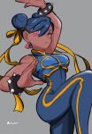  1girl amazu_(kurozu) aoi_(amazu) arm_up bare_shoulders blue_bodysuit blue_hair blue_shirt bodysuit bow bracelet breasts chun-li chun-li_(cosplay) cosplay crop_top dark-skinned_female dark_skin double_bun eyebrows_hidden_by_hair feet_out_of_frame grey_background hair_between_eyes hair_bow hair_bun highres jewelry medium_breasts original red_eyes shirt short_eyebrows simple_background sleeveless sleeveless_shirt solo spiked_bracelet spikes standing standing_on_one_leg street_fighter thick_eyebrows yellow_bow 