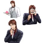  1boy black_bow black_bowtie black_jacket blazer bow bowtie brown_hair buttons collared_shirt commentary fukumoto_nobuyuki_(style) gloom_(expression) grey_vest grin hand_on_own_chin holding holding_phone holding_tray ichijou_seiya jacket joukyou_seikatsuroku_ichijou kaiji long_hair long_sleeves looking_at_viewer male_focus medium_bangs multiple_views necktie official_style open_mouth parody phone red_shirt shirt simple_background smile style_parody suit tray upper_body vest waiter white_background white_necktie white_shirt yologyeolseogchung-gyeogpaswaeseogsul 