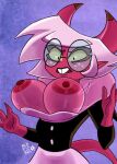  archvile_(artist) background_character big_breasts breasts clothed clothing demon demon_humanoid eyewear female glasses hair helluva_boss hi_res horn humanoid open_mouth partially_clothed pink_body simple_background solo succubus tail teeth thick_thighs white_hair 