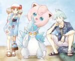  1boy 1girl alolan_sandslash asuka_rkgk blue_kimono blush bracelet brown_eyes brown_hair claws closed_eyes collared_shirt commentary_request day detached_sleeves grass hand_up hat highres holding japanese_clothes jewelry jigglypuff kimono long_hair lyra_(pokemon) lyra_(summer_2020)_(pokemon) necklace official_alternate_costume open_mouth outdoors parted_lips pokemon pokemon_(creature) pokemon_(game) pokemon_masters_ex pouch ring rock sandals shirt short_hair shorts sitting smile socks spiked_hair steven_stone steven_stone_(summer_2020) sunglasses toes twintails undershirt white_headwear white_socks yukata 