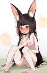  1girl absurdres animal_ear_fluff animal_ears azur_lane barefoot black_hair blunt_bangs blush breasts cleft_of_venus commission commissioner_upload feet fox_ears fox_mask full_body hand_on_own_chest highres jewelry knees_up long_hair manjuu_(azur_lane) mask mask_on_head medium_breasts nagato_(azur_lane) nagato_(great_fox&#039;s_respite)_(azur_lane) necklace nipples non-web_source nose_blush parted_lips pee peeing pussy sidelocks sitting skeb_commission solo sweatdrop tatami toes unitedunti very_long_hair white_background yellow_eyes 