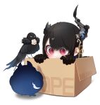  1girl absurdres appleblossomtea asymmetrical_horns bird black_gloves black_hair blush box chibi closed_mouth gloves highres hololive hololive_english horns in_box in_container jailbird_(nerissa_ravencroft) mole mole_under_eye nerissa_ravencroft red_eyes shadow_(nerissa_ravencroft) slit_pupils smile solo_focus straight_hair uneven_horns virtual_youtuber 