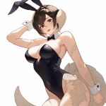  1girl animal_ears au_ra black_leotard breasts brown_hair covered_navel cowboy_shot final_fantasy final_fantasy_xiv grey_scales hand_in_own_hair highleg highleg_leotard highres horns large_breasts leotard light_smile lizard_tail looking_at_viewer lyra-kotto parted_lips playboy_bunny rabbit_ears red_eyes red_lips reptile_girl scales short_hair skin_tight solo strapless strapless_leotard tail thick_thighs thighs warrior_of_light_(ff14) white_background wrist_cuffs 