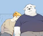  2023 anthro belly big_belly bottomwear canid canine canis clothing domestic_dog duo eyes_closed hi_res inunoshippo kemono male mammal overweight overweight_male pants shirt sitting sleeping topwear 