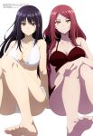  2girls absurdres bikini black_hair breasts claire_kagenou cleavage highres kage_no_jitsuryokusha_ni_naritakute! large_breasts long_hair looking_at_viewer magazine_scan mary_(kage_no_jitsuryokusha_ni_naritakute!) megami_magazine multiple_girls official_art red_bikini red_hair scan simple_background sitting smile soles swimsuit thighs white_background white_bikini yellow_eyes 