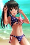  1girl absurdres american_flag_bikini beach bikini bikini_pull black_hair blurry blurry_background breasts brown_eyes clothes_pull cowboy_shot flag_print front-tie_bikini_top front-tie_top highres large_breasts long_hair matsunaga_kouyou open_mouth original ponytail round_teeth side-tie_bikini_bottom smile solo standing swimsuit teeth upper_teeth_only 