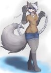  2022 5_fingers anthro azra_(vex714) barefoot black_nose blue_eyes bottomwear braided_hair breasts canid canine clothed clothing feet female fingers fluffy fluffy_tail fur grey_body grey_hair hair hi_res long_hair looking_at_viewer mammal open_mouth scar shorts solo tail toes trejan 