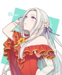  1girl breasts edelgard_von_hresvelg edelgard_von_hresvelg_(summer) fire_emblem fire_emblem:_three_houses fire_emblem_heroes flower frilled_one-piece_swimsuit frills hair_flower hair_ornament hand_in_own_hair highres hiyori_(rindou66) jewelry long_hair looking_up medium_breasts necklace off-shoulder_one-piece_swimsuit off_shoulder official_alternate_costume one-piece_swimsuit purple_eyes red_one-piece_swimsuit solo swimsuit white_hair 