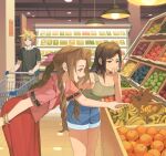  1boy 2girls aerith_gainsborough black_hair blonde_hair bracelet braid braided_ponytail brown_eyes brown_hair brown_shirt casual cloud_strife denim denim_shorts dododo dress final_fantasy final_fantasy_vii food fruit green_eyes highres hood hoodie jacket jewelry long_hair multiple_girls open_clothes open_jacket red_dress red_jacket shirt shopping shopping_cart short_hair short_sleeves shorts sleeveless sleeveless_shirt spiked_hair tifa_lockhart 