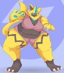  3_toes 4_fingers anthro bee-unit belly_overhang belly_rolls big_breasts black_body black_fur blue_eyes bottomwear breasts cleavage clothed clothing crop_top digitigrade feet female fingers full-length_portrait fur generation_7_pokemon hi_res legendary_pokemon navel nintendo obese obese_anthro obese_female overweight overweight_anthro overweight_female pawpads paws pink_bottomwear pink_clothing pink_shirt pink_shorts pink_topwear pokemon pokemon_(species) pokemorph portrait pose shirt shorts snout solo standing thick_thighs toes topwear yellow_body yellow_fur zeraora 