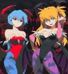  2girls aetherion animal_print arms_behind_back ayanami_rei bare_shoulders bat_(animal) bat_print bat_wings black_leotard blue_eyes blue_gloves blue_hair blue_pantyhose breasts bridal_gauntlets castle cleavage closed_mouth cloud collarbone cosplay covered_navel cutout_above_navel demon_girl gloves hair_between_eyes hand_up head_wings highleg highleg_leotard highres leotard lilith_aensland lilith_aensland_(cosplay) long_hair looking_at_viewer low_wings medium_breasts morrigan_aensland morrigan_aensland_(cosplay) multiple_girls neon_genesis_evangelion open_mouth orange_hair pantyhose pink_gloves print_legwear purple_pantyhose red_eyes red_leotard red_sky red_wings short_hair sky slit_pupils smile souryuu_asuka_langley v-shaped_eyebrows vampire_(game) wings 