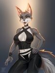  anthro breasts brown_eyes canid canine clothed clothing female fluffy fluffy_tail fur grey_body grey_fur hacatiko hi_res mammal simple_background solo tail 