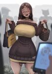  1girl ^_^ absurdres bag black_collar blurry blurry_background blurry_foreground blush bread breasts brown_dress brown_hair closed_eyes collar collarbone controller crowd dress english_commentary facing_viewer food highres holding holding_phone holding_weapon huge_breasts impossible_clothes impossible_dress long_hair long_sleeves mistimagi mistimagi_(character) mole mole_under_eye off-shoulder_dress off_shoulder open_mouth original phone pov pov_hands public_indecency public_vibrator remote_control remote_control_vibrator ribbed_dress sex_toy shopping_bag shopping_basket solo_focus sweatdrop sweater sweater_dress teeth upper_teeth_only vibrator vibrator_under_clothes weapon when_you_see_it wireless_sex_toy_controller 