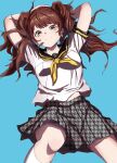  1girl arms_up blue_background breasts brown_hair closed_mouth eyelashes feet_out_of_frame highres kneehighs kujikawa_rise long_hair lying miniskirt neckerchief on_back persona persona_4 plaid plaid_skirt pleated_skirt s-m-53413 school_uniform short_sleeves sidelocks skirt socks solo thighs twintails white_socks yasogami_school_uniform yellow_eyes yellow_neckerchief 