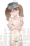  1girl alternate_costume bags_under_eyes bikini brown_hair calendar_(object) commentary_request covering covering_breasts cowboy_shot flat_chest furrowed_brow gold_bikini golden_week grimace head_tilt highres kansaiben kantai_collection looking_at_viewer micro_bikini revealing_clothes ryuujou_(kancolle) sanpaku self_hug skinny solo soosaresu squinting sweat swimsuit tan tanlines translation_request twintails visor_cap white_background white_eyes 