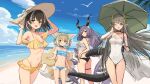  4girls animal_ears arknights ass beach bikini black_bikini blonde_hair blue_bikini blue_hairband blue_sky braid breasts brown_hair brown_headwear cleavage clothing_cutout criss-cross_halter day earrings fox_ears fox_girl fox_tail from_behind green_eyes hair_rings hairband halterneck hat highres holding holding_umbrella jewelry large_breasts long_hair looking_at_viewer magallan_(arknights) muelsyse_(arknights) multicolored_hair multiple_girls multiple_tails navel one-piece_swimsuit outdoors palm_leaf plaid plaid_bikini purple_eyes purple_hair sand sigm@ sky stomach strapless strapless_bikini streaked_hair sun_hat suzuran_(arknights) swimsuit tail typhon_(arknights) umbrella underboob_cutout very_long_hair water white_hair white_one-piece_swimsuit wind yellow_eyes 