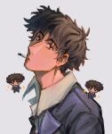  1boy black_hair brown_eyes chibi cigarette cowboy_bebop doodles formal full_body goomyloid highres messy_hair necktie pixel_art portrait shadow spike_spiegel spiked_hair upper_body variations 