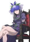  1girl black_gloves black_hair chair china_dress chinese_clothes closed_mouth crossed_legs dress elbow_gloves feet_out_of_frame flower flower_on_head food_print fruit_print gloves grape_print gyouza_(mhea5724) highres long_hair purple_dress purple_flower shaded_face short_sleeves simple_background sitting smile solo touhou vine_print white_background yomotsu_hisami 