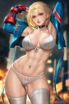  1girl abs armpits arms_up blonde_hair blue_eyes blue_jacket bra breasts cammy_white cleavage cropped_jacket jacket looking_at_viewer navel_piercing neoartcore panties piercing scar scar_on_cheek scar_on_face short_hair solo street_fighter street_fighter_6 thighhighs underwear white_bra white_panties white_thighhighs 