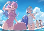  4girls :d :o amane_kanata angel_wings animal_ears beach beach_umbrella bikini bird black_horns blonde_hair blue_eyes blue_sky candy_hair_ornament cloud crescent curled_horns day demon_tail diagonal-striped_bow feathered_wings flying food-themed_hair_ornament gradient_hair green_eyes hair_ornament halo heterochromia highres himemori_luna hololive horns innertube kanzaki_hiro multicolored_hair multiple_girls navel ocean one-piece_swimsuit outdoors palm_tree pink_hair pink_one-piece_swimsuit purple_eyes purple_hair sand school_swimsuit sheep_ears sheep_girl sheep_horns shorts sky smile star_(symbol) star_halo swimsuit tail tokoyami_towa tree tsunomaki_watame twintails umbrella virtual_youtuber water wet white_clouds white_one-piece_swimsuit white_shorts white_swimsuit wings 