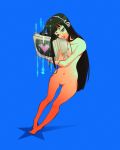  1girl black_eyes black_hair blue_background blunt_bangs breasts completely_nude gab_(gabellament) half-closed_eyes headphones heart highres holding_television long_hair medium_breasts navel nude original shadow simple_background solo 