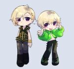  2boys aisupuffin alessandra_(singer) alessandra_(singer)_(cosplay) armor axis_powers_hetalia black_footwear black_pants blonde_hair boots bracelet chibi cosplay country_connection cross_hair_ornament eurovision_song_contest finland_(hetalia) full_body green_jacket grey_background hair_ornament highres jacket jewelry kaarija kaarija_(cosplay) long_sleeves looking_at_viewer multiple_boys norway_(hetalia) open_clothes open_jacket pants puffy_long_sleeves puffy_sleeves purple_eyes simple_background spikes w 