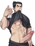  1boy abs alternate_costume bara barbell_piercing black_hair bouncing_penis character_request clothes_in_mouth clothes_pull erection highres holding holding_phone large_pectorals large_penis league_of_legends liliiliillj looking_at_viewer male_focus mature_male mismatched_pupils motion_lines mouth_hold muscular muscular_male navel nipples pants pants_pull pectorals penis phone piercing pulled_by_self selfie shirt_in_mouth short_hair solo thick_eyebrows underpec unfinished upside-down veins veiny_penis 