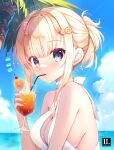  1girl bare_arms bare_shoulders bendy_straw blonde_hair blue_eyes blue_sky blush breasts cleavage closed_mouth cloud commentary_request cup day drink drinking_straw flower hair_flower hair_ornament hairclip hand_up highres holding holding_cup horizon looking_at_viewer medium_breasts mitha ocean one-piece_swimsuit original outdoors palm_tree ponytail sidelocks sky solo swimsuit tree water white_one-piece_swimsuit yellow_flower 