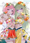  2girls :q blush bob_cut detached_sleeves flower food food-themed_hair_ornament food_print gold_trim green_hair hair_flower hair_ornament highres holding holding_food holding_popsicle hrn_ohana kusanagi_nene lemon_hair_ornament lemon_print long_hair long_sleeves low_tied_sidelocks midriff multiple_girls ootori_emu orange_flower pink_eyes pink_hair popsicle project_sekai puffy_long_sleeves puffy_sleeves purple_eyes shirt short_hair shorts skirt smile tongue tongue_out very_long_hair watermelon_hair_ornament watermelon_print white_flower white_shirt white_shorts white_skirt zettai_zetsumei!?_island_panic!_(project_sekai) 