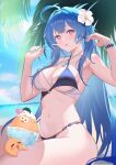  1girl absurdres ahoge azur_lane bare_shoulders beach bikini blue_hair blue_nails bracelet breasts cleavage coconut_tree dessert dripping flower food fork hair_between_eyes hair_flower hair_ornament helena_(azur_lane) helena_(shimmering_triangle_wave)_(azur_lane) highres holding holding_fork jewelry long_hair looking_at_viewer manjuu_(azur_lane) medium_breasts midriff multicolored_clothes multicolored_swimsuit navel palm_tree pink_eyes sideboob sidelocks solo sun swimsuit thighs tongue tongue_out tree underboob yukiyaii 