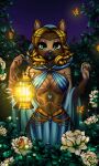  absurd_res anthro arabian_clothing bare_shoulders blonde_hair canid canine canis clothing domestic_dog female flashlight flower garden gem german_shepherd gold_(metal) gold_jewelry hair herding_dog hi_res hood jewelry lamp mammal night open_belly pastoral_dog plant solo yonachka_doki 