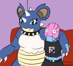  anthro arm_over_shoulder collar duo ear_piercing female furniture generation_1_pokemon inside nidoqueen nintendo nonbinary_(lore) piercing pixiecatsupreme pokemon pokemon_(species) porygon sofa spiked_collar spikes tagme 