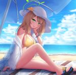  1girl :d absurdres arm_support ass beach beach_mat bikini blue_archive blue_sky blurry bracelet breasts brown_hair cleavage cloud cloudy_sky commentary_request depth_of_field feet foot_out_of_frame green_eyes hair_between_eyes halo hand_on_own_cheek hand_on_own_face hat head_rest head_tilt highres horizon jacket jewelry knee_up large_breasts leaning_forward legs long_hair long_sleeves looking_at_viewer midriff nonomi_(blue_archive) nonomi_(swimsuit)_(blue_archive) ocean official_alternate_costume outdoors sandals see-through see-through_jacket side-tie_bikini_bottom sidelocks sitting sky sleeveless smile solo spaghetti_strap sun_hat swimsuit toes white_headwear wjddn yellow_bikini 