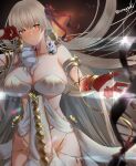  1girl aona_(anagasaki) armlet bare_shoulders belly_chain blush body_markings bracelet breasts cleavage collarbone colored_skin durga_(fate) earrings facial_mark fate/grand_order fate_(series) forehead_mark gradient_skin grey_hair hair_ribbon highres jewelry large_breasts long_hair looking_at_viewer orange_eyes parted_lips pelvic_curtain red_skin revealing_clothes ribbon sash snake solo thighs thumb_ring very_long_hair 