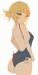  1girl adjusting_clothes adjusting_swimsuit ass bare_shoulders black_one-piece_swimsuit blonde_hair blunt_bangs blush boku_no_hero_academia breasts closed_mouth cropped_legs fang from_behind highres looking_at_viewer looking_back messy_hair one-piece_swimsuit rasusurasu sketch skin_fang strap_gap swimsuit toga_himiko yellow_eyes 