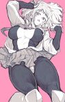  1girl blush blush_stickers bodysuit boku_no_hero_academia breasts greyscale greyscale_with_colored_background highres large_breasts looking_at_viewer monochrome open_clothes open_mouth open_shirt pink_background short_hair simple_background skirt solo takatsuki_ichi thick_thighs thighs uraraka_ochako 