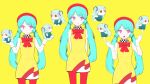  absurdres aimaina alternate_costume aqua_hair blue_hair bow dress hatsune_miku highres low_twintails multiple_persona parted_lips pink_eyes pinocchio-p red_bow red_headwear song_request twintails upper_body vocaloid yellow_background yellow_dress 