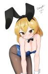  1girl absurdres animal_ears bandaid bandaid_on_face black_pantyhose blonde_hair blue_leotard bow bowtie breasts brown_eyes cleavage dated detached_collar highres kantai_collection leaning_forward leotard maru_(marg0613) medium_breasts oboro_(kancolle) one-hour_drawing_challenge pantyhose playboy_bunny rabbit_ears simple_background solo strapless strapless_leotard twitter_username white_background wrist_cuffs 