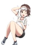  1girl ;d arm_up ball bike_shorts black_shorts brown_eyes brown_hair commentary cross-laced_footwear floating girls_und_panzer gym_shirt gym_uniform highres holding holding_ball holding_towel isobe_noriko knees_up looking_at_viewer naopon918 no_socks one_eye_closed open_mouth outside_border shirt shoes short_hair short_shorts short_sleeves shorts simple_background smile sneakers solo sweat t-shirt towel towel_around_neck volleyball water_drop white_background white_footwear white_shirt wiping_sweat 