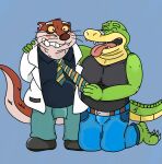  2023 absurd_res alligator alligatorid anthro blush bottomwear brok_(character) brok_the_investigator clothing crocodilian dr._mink duo embrace eyes_closed hi_res hug male male/male mammal melonca53654294 mink musclegut mustelid musteline necktie pants reptile scalie shirt slightly_chubby tongue tongue_out topwear true_musteline 