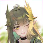  1girl ;d arknights black_choker blunt_bangs blurry blurry_background blush brown_hair choker commentary_request depth_of_field elf fang highres laurel_crown long_hair looking_at_viewer muelsyse_(arknights) one_eye_closed open_mouth pointy_ears skin_fang smile solo yellow_eyes zoffyshiniki 