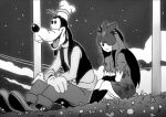  1boy 1girl black_hair disney dress field flower flower_field furry furry_male ginari goofy orchid sitting smile teeth touhou unfinished_dream_of_all_living_ghost yomotsu_hisami 